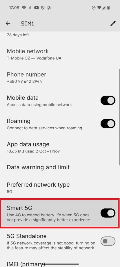 Screenshot showing the toggle switch for the Smart 5G feature.