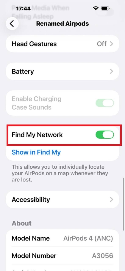 Ajustes de los AirPods con la opci&oacute;n Red de Buscar