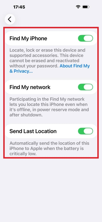 Opci&oacute;n Buscar mi iPhone activada