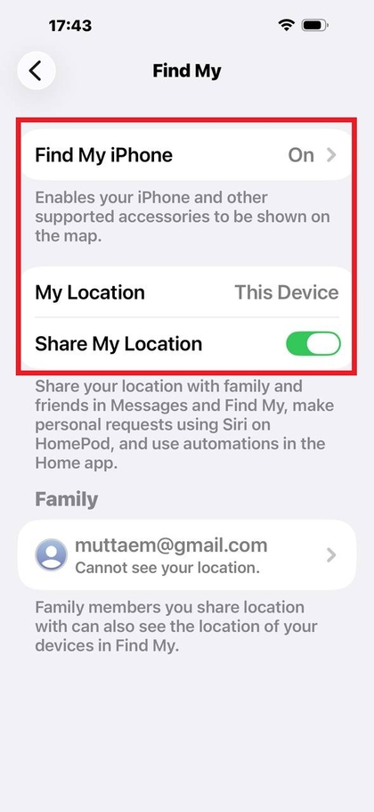 Men&uacute; Servicios de ubicaci&oacute;n con Buscar resaltado