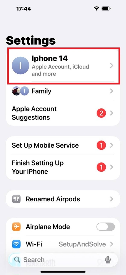 P&aacute;gina de ajustes con la opci&oacute;n Buscar