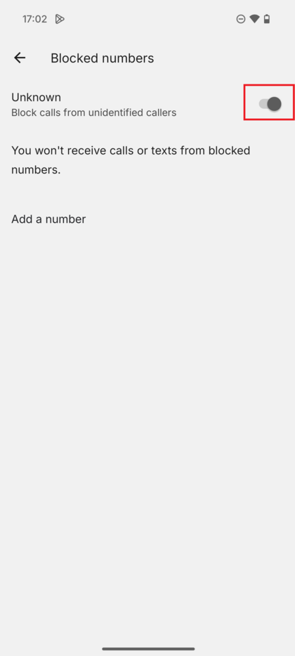 Ekrani i numrave t&euml; bllokuar me &ccedil;el&euml;sin p&euml;r bllokimin e numrave t&euml; panjohur n&euml; pozicionin ON.