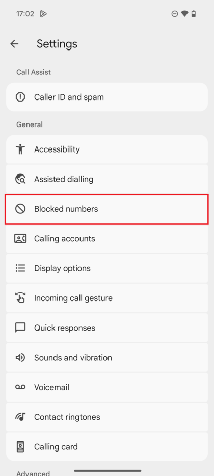 Menuja e Cil&euml;simeve t&euml; Numratorit q&euml; tregon opsionin Blloko numrat.