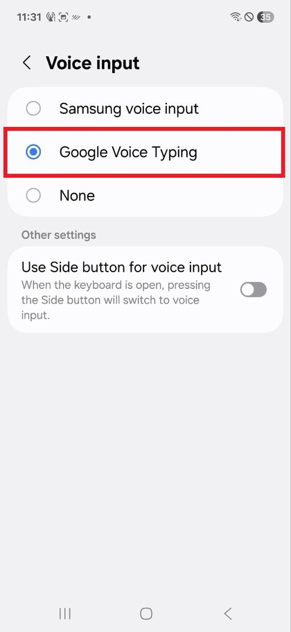 Ingizo la sauti la Google limechaguliwa kwenye mipangilio