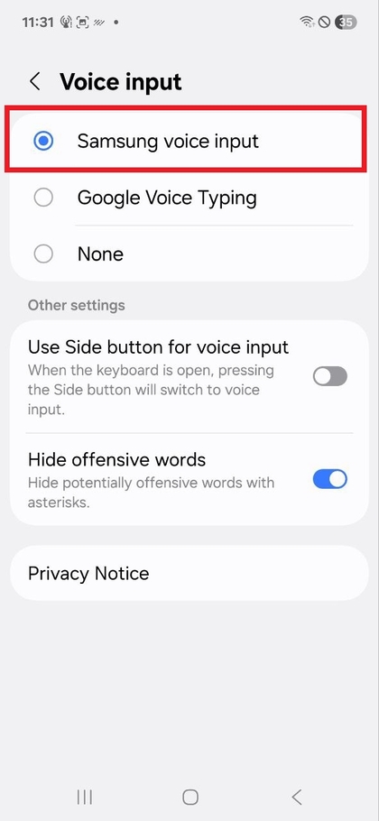 Ingizo la sauti la Samsung limechaguliwa kwenye mipangilio