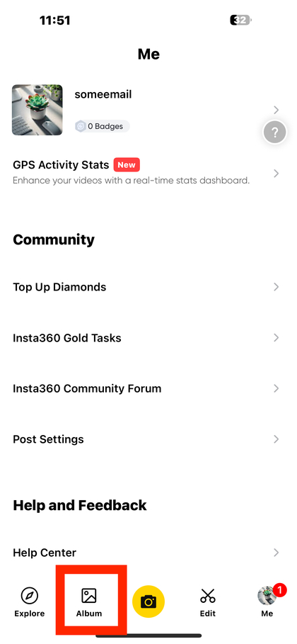 A rever o &aacute;lbum da aplica&ccedil;&atilde;o na aplica&ccedil;&atilde;o Insta360