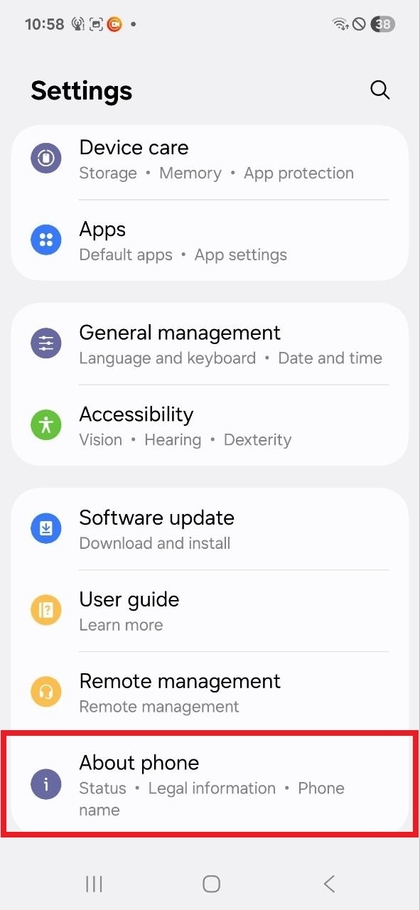 Tietoja puhelimesta -valikko Samsung Galaxy A17 5G -puhelimessa