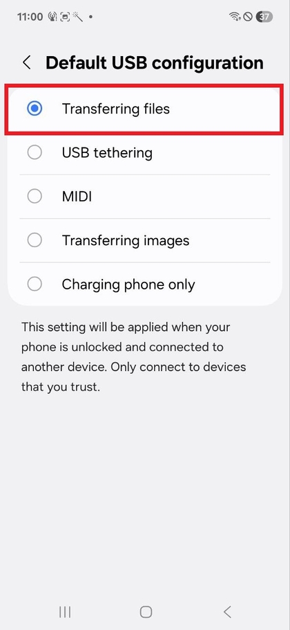 Valitse oletus-USB-m&auml;&auml;ritys Samsung Galaxy A17 5G -puhelimella