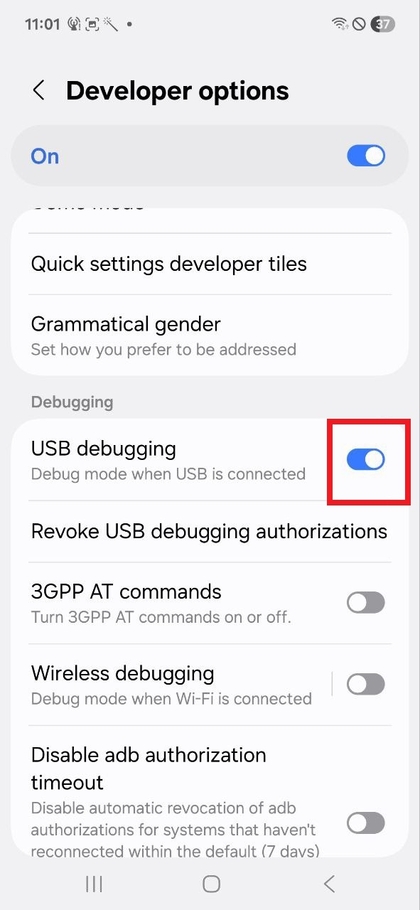 Ota k&auml;ytt&ouml;&ouml;n USB-virheenkorjaus Samsung Galaxy A17 5G -puhelimessa