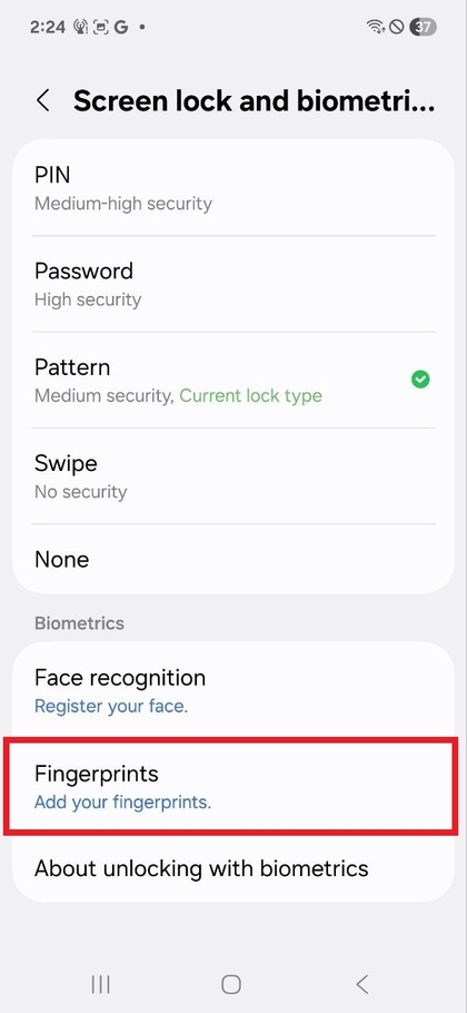Fingeravtrykkoppsett initieres p&aring; Samsung Galaxy A17 5G