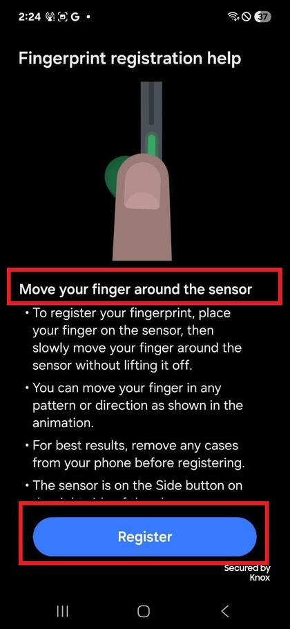 Plassere fingeren p&aring; fingeravtrykkssensoren