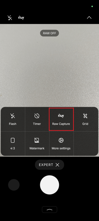 Nothing Phone (3) Expert Mode settings panel showing the RAW capture toggle in the off position.
