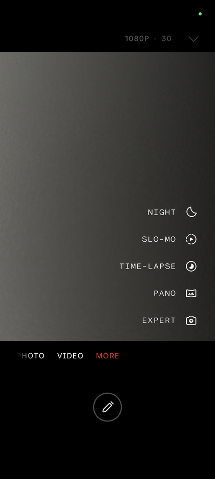 Pop-up menu after tapping 'More' showing additional camera modes.