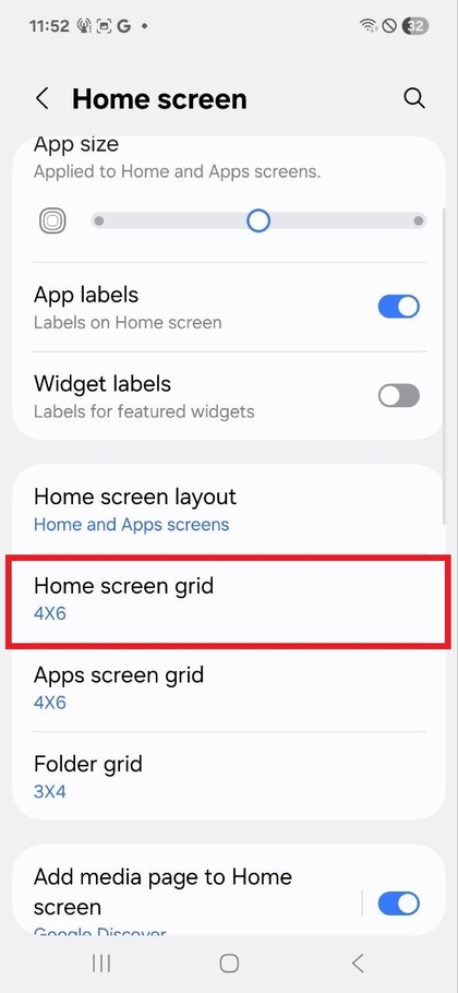 Kezdők&eacute;pernyő R&aacute;csbe&aacute;ll&iacute;t&aacute;sai a Samsung Galaxy A17 5G K&eacute;sz&uuml;l&eacute;ken