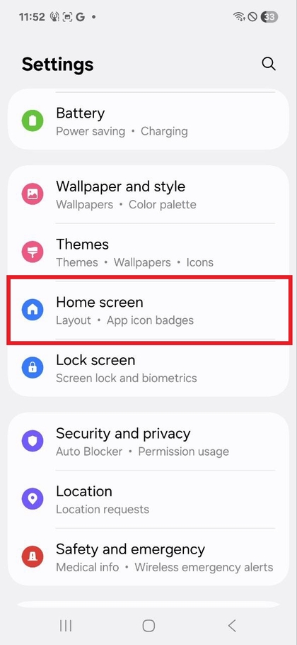 Kezdők&eacute;pernyő Be&aacute;ll&iacute;t&aacute;sai a Samsung Galaxy A17 5G K&eacute;sz&uuml;l&eacute;ken