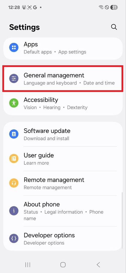 Siirry Yleiseen hallintaan Samsung Galaxy A17 5G -puhelimessa