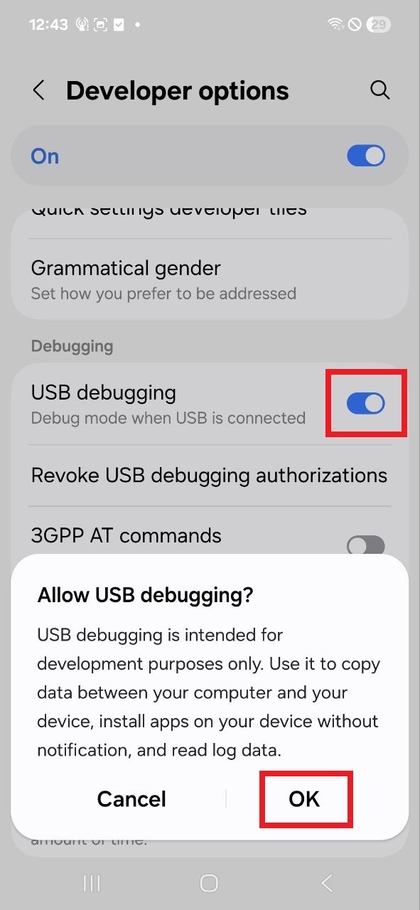 Depuraci&oacute;n USB del Samsung Galaxy A17 5G