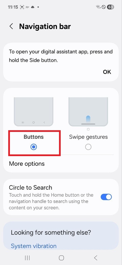 Paluu painikenavigointiin Samsung Galaxy A17 5G -puhelimessa