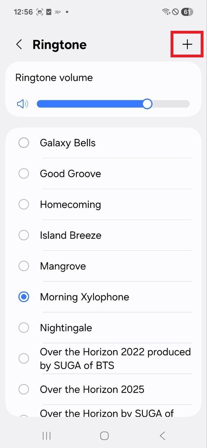 Plus icon for adding custom ringtone