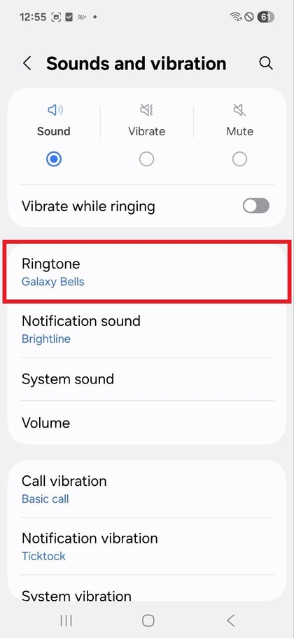 Ringtone option in sounds and vibration menu