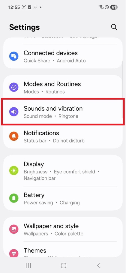 Sounds and Vibration option in settings