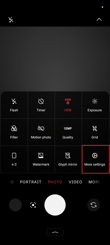 The Nothing Phone (3) Camera app with the quick settings menu expanded after tapping the arrow.
