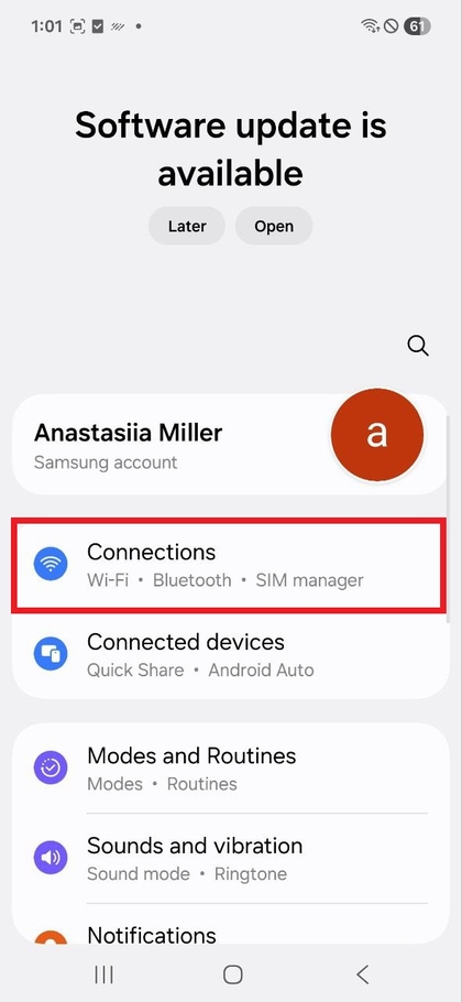 Samsung Galaxy A17 5G qurilmasida Ulanishlar (Connections) menyusi aks etgan