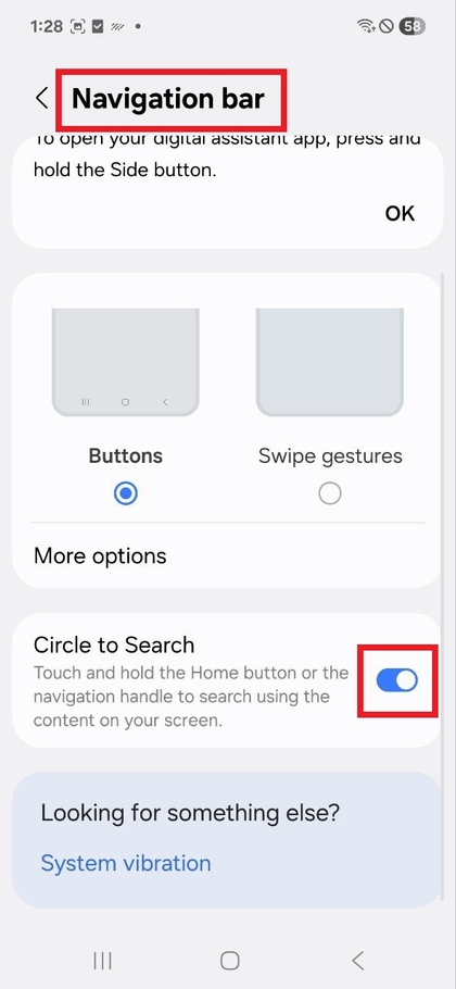 Parinktis &bdquo;Navigation Bar&ldquo; (Navigacijos juosta) su &bdquo;Apskritimas paie&scaron;kai&ldquo; jungikliu