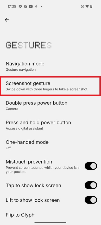 Aktiviranje geste povlačenja s tri prsta na Nothing Phone 3