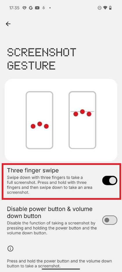 Aktiviranje geste povlačenja s tri prsta na Nothing Phone 3