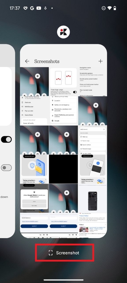 Dodirivanje ikone snimke zaslona na popisu nedavnih aplikacija na Nothing Phone 3