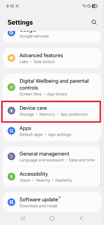 Accesează Baterie și &icirc;ngrijire dispozitiv &icirc;n setări