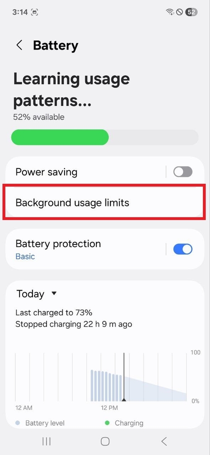 Găsește Limitele de utilizare &icirc;n fundal &icirc;n setările bateriei