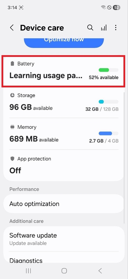 Navighează la Setările Bateriei