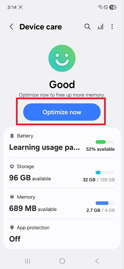 Atinge opțiunea Optimizează acum