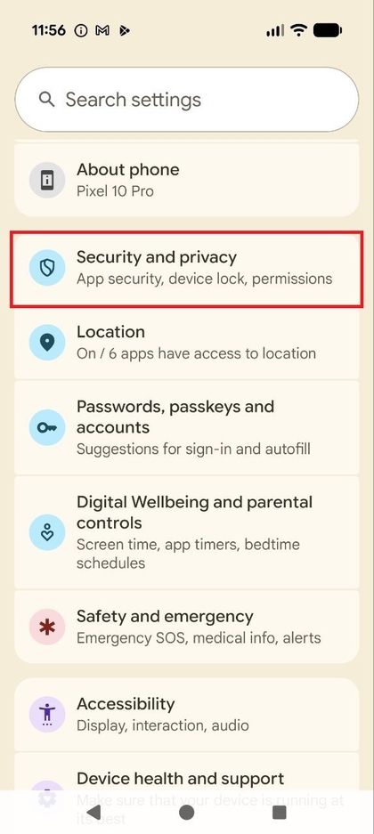 Indstillinger-menuen med Security & privacy (Sikkerhed og privatliv) valgt.