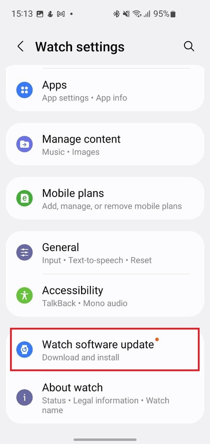 Opțiunea de actualizare software ceas &icirc;n meniul de setări al ceasului