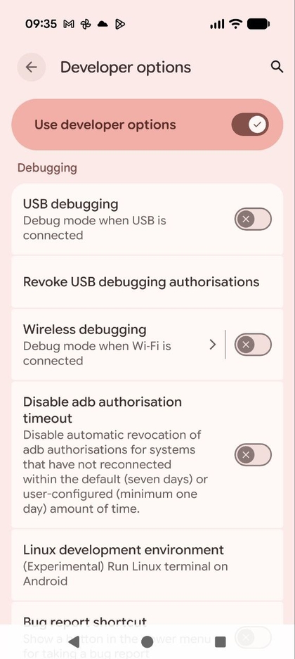 Le menu Developer options (Options pour les d&eacute;veloppeurs) sur le Pixel 10 Pro, affichant les commutateurs pour des param&egrave;tres tels que le d&eacute;bogage USB.
