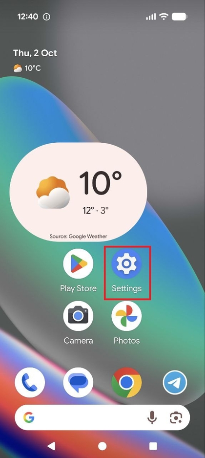L'ic&ocirc;ne de l'application Settings (Param&egrave;tres) sur un &eacute;cran d'accueil Pixel.