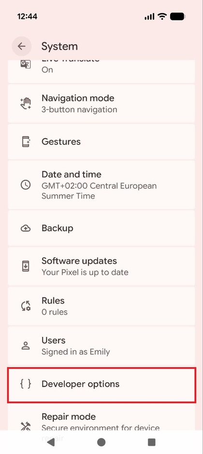 Le menu System (Syst&egrave;me) sur le Pixel 10 Pro, affichant l'entr&eacute;e Developer options (Options pour les d&eacute;veloppeurs) avant la d&eacute;sactivation.