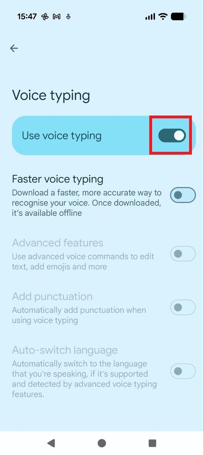 &bdquo;Gboard&ldquo; nustatymų ekranas, patvirtinantis, kad įvedimas balsu yra įgalintas
