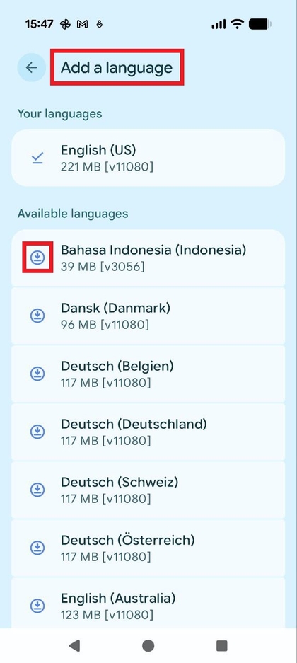 Ekranas, kuriame rodoma parinktis atsisiųsti ir pridėti kalbą įvedimui balsu neprisijungus