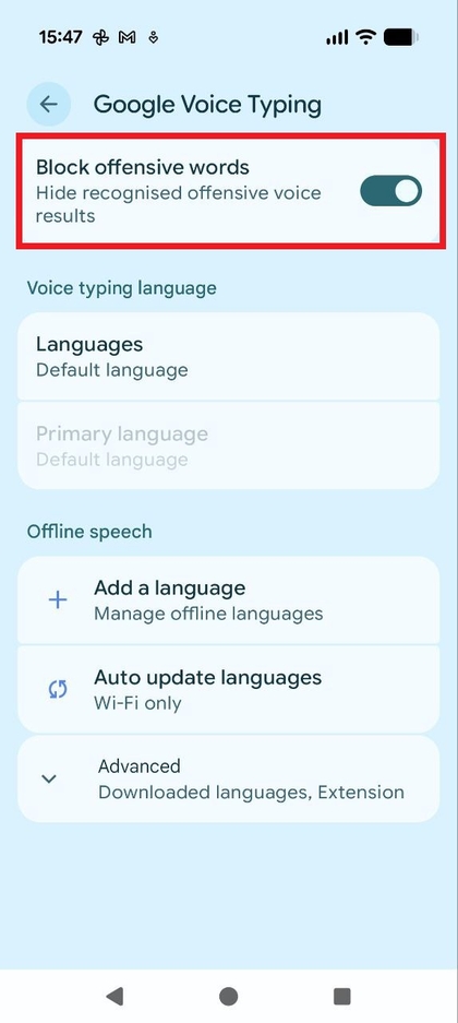 &bdquo;Google&ldquo; įvedimo balsu nustatymų meniu, kuriame rodoma parinktis Blokuoti įžeidžiančius žodžius (Block offensive words)