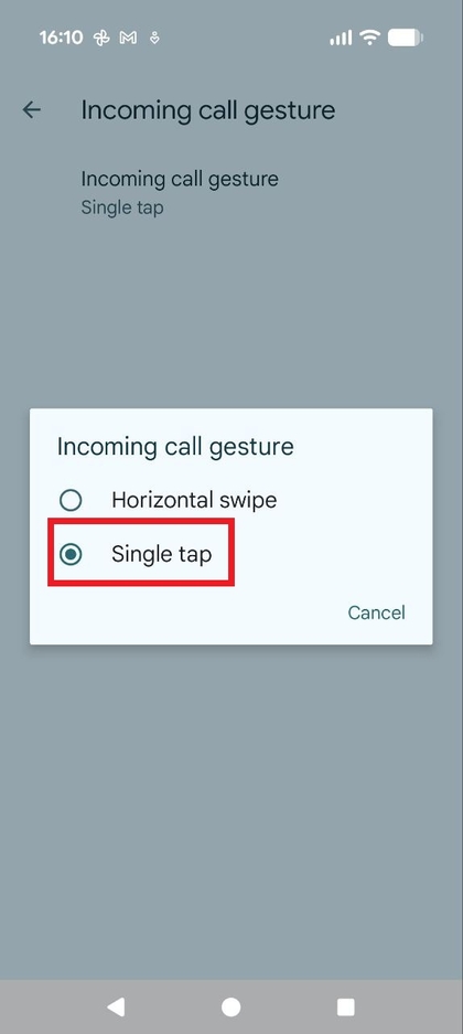 Capture d'&eacute;cran montrant le menu des options pour changer le geste de balayage en touche unique