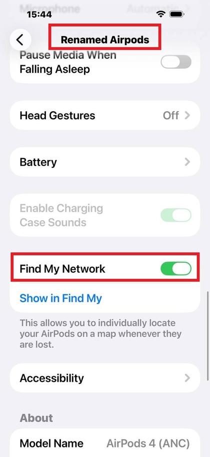 AirPods sozlamalari Find My Network (Mening tarmog'imni topish) yoqish tugmasini ko'rsatmoqda