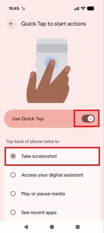 Instellingenscherm Snel tikken met Schermafbeelding maken geselecteerd.
