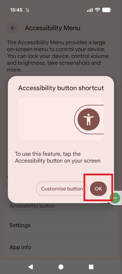 Het instellingenscherm van het Toegankelijkheidsmenu met de snelkoppeling ingeschakeld.