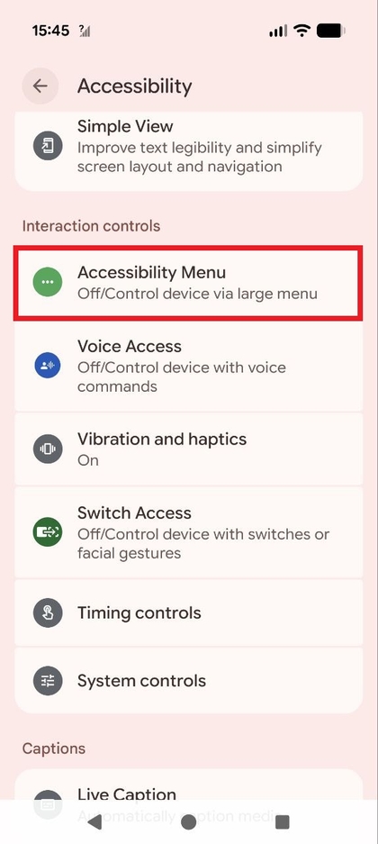 Het menu Toegankelijkheid met Toegankelijkheidsmenu gemarkeerd.