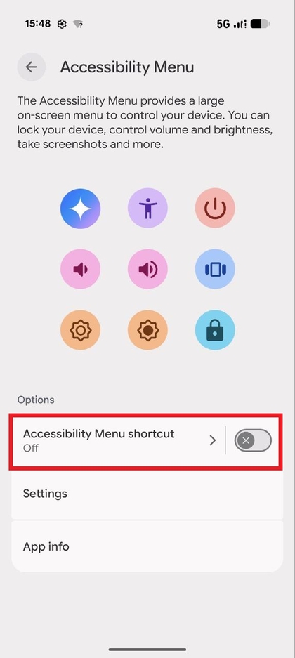Het menu Toegankelijkheid met Toegankelijkheidssnelkoppeling gemarkeerd.