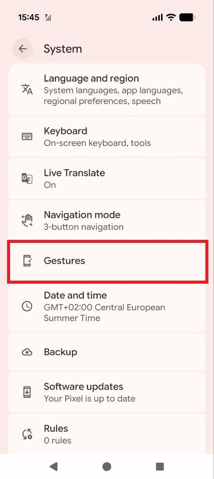 Het menu Systeem met Gebaren zichtbaar.